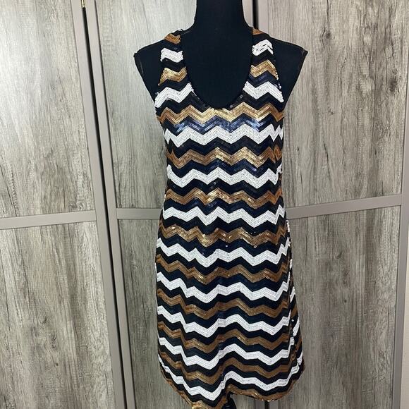 Francesca's Alya black/navy/gold/cream sequins bodycon dress women's L - Picture 1 of 13